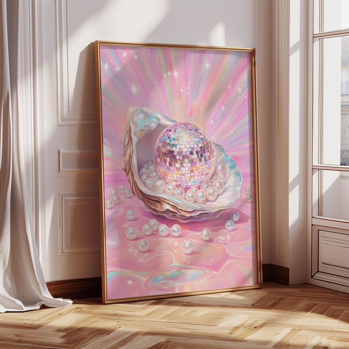 Disco Ball In Oyster Shell Pearls Iridescent Pink Coastal Glam Wall Art