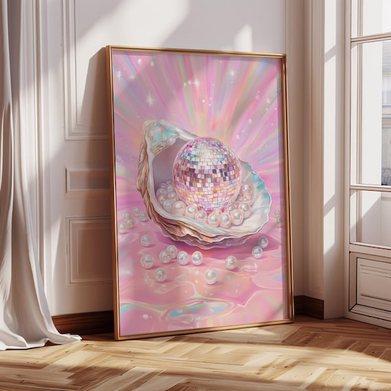 Disco Ball In Oyster Shell Pearls Iridescent Pink Coastal Glam Wall Art