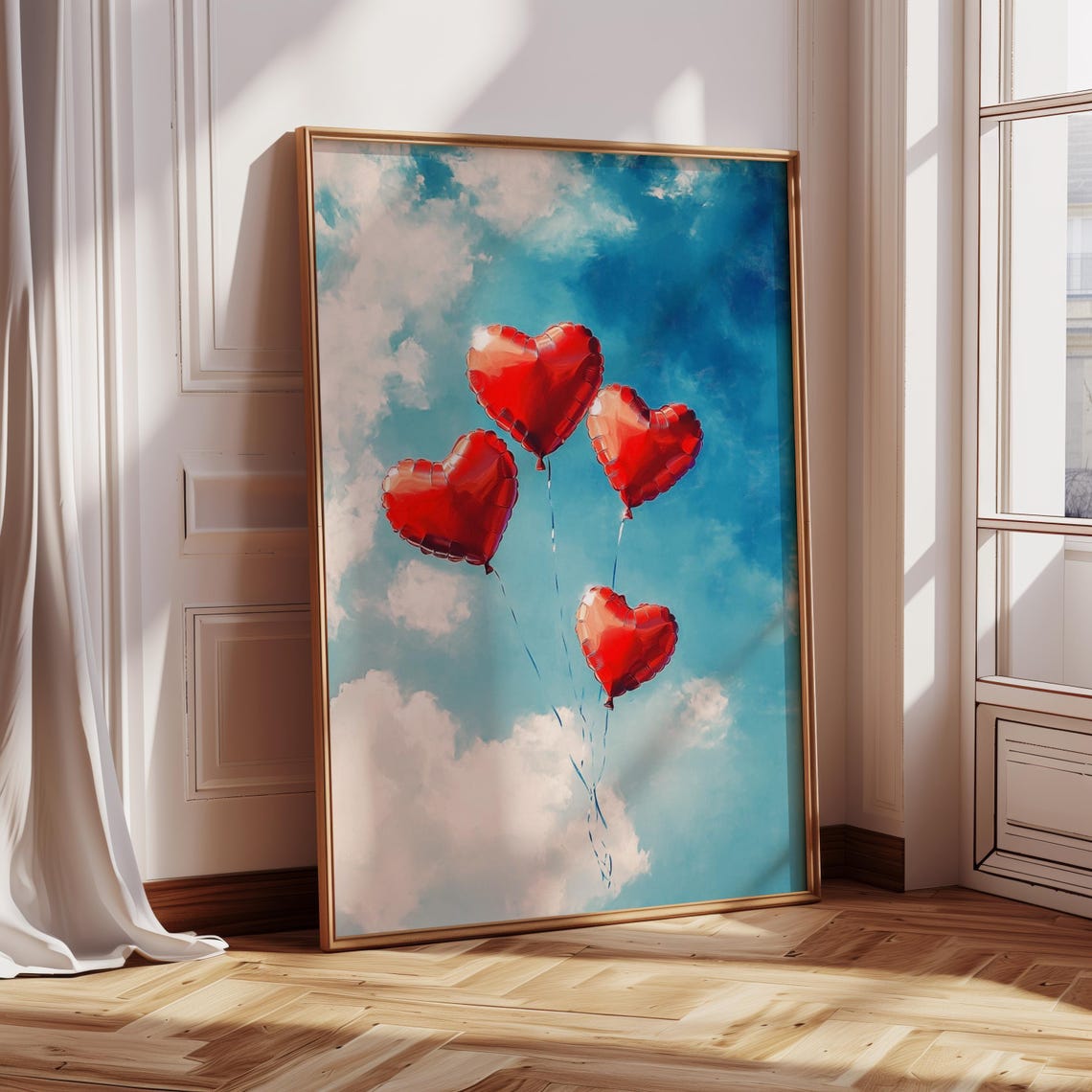 Red Heart Balloons Floating In Bright Blue Sky Love Valentines Poster