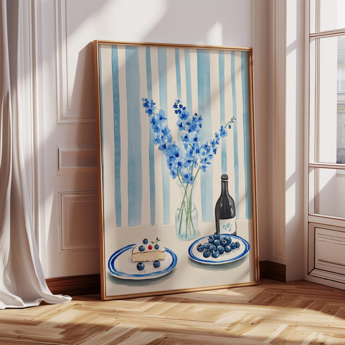Blue Watercolor Still Life Blueberries Flowers Retro Kitchen Poster