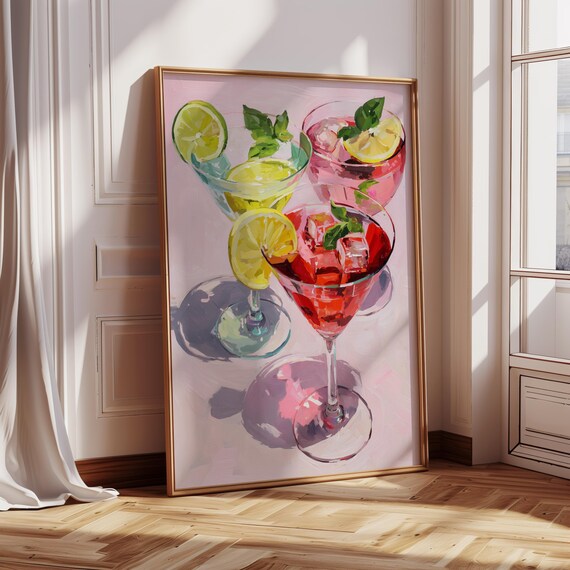 Pink Margarita Cocktail Glasses Summer Drink Painting Retro Bar Poster