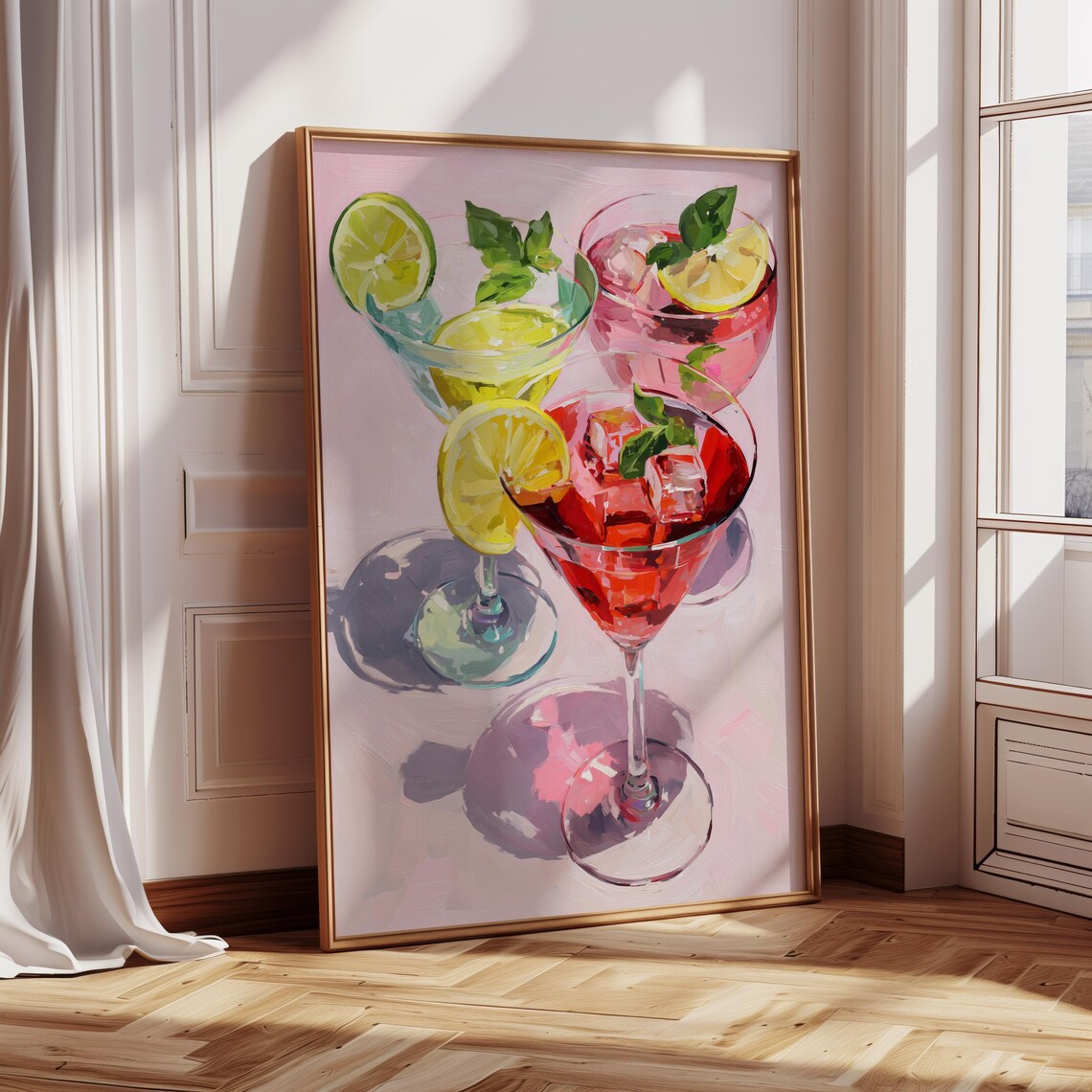 Pink Margarita Cocktail Glasses Summer Drink Painting Retro Bar Poster