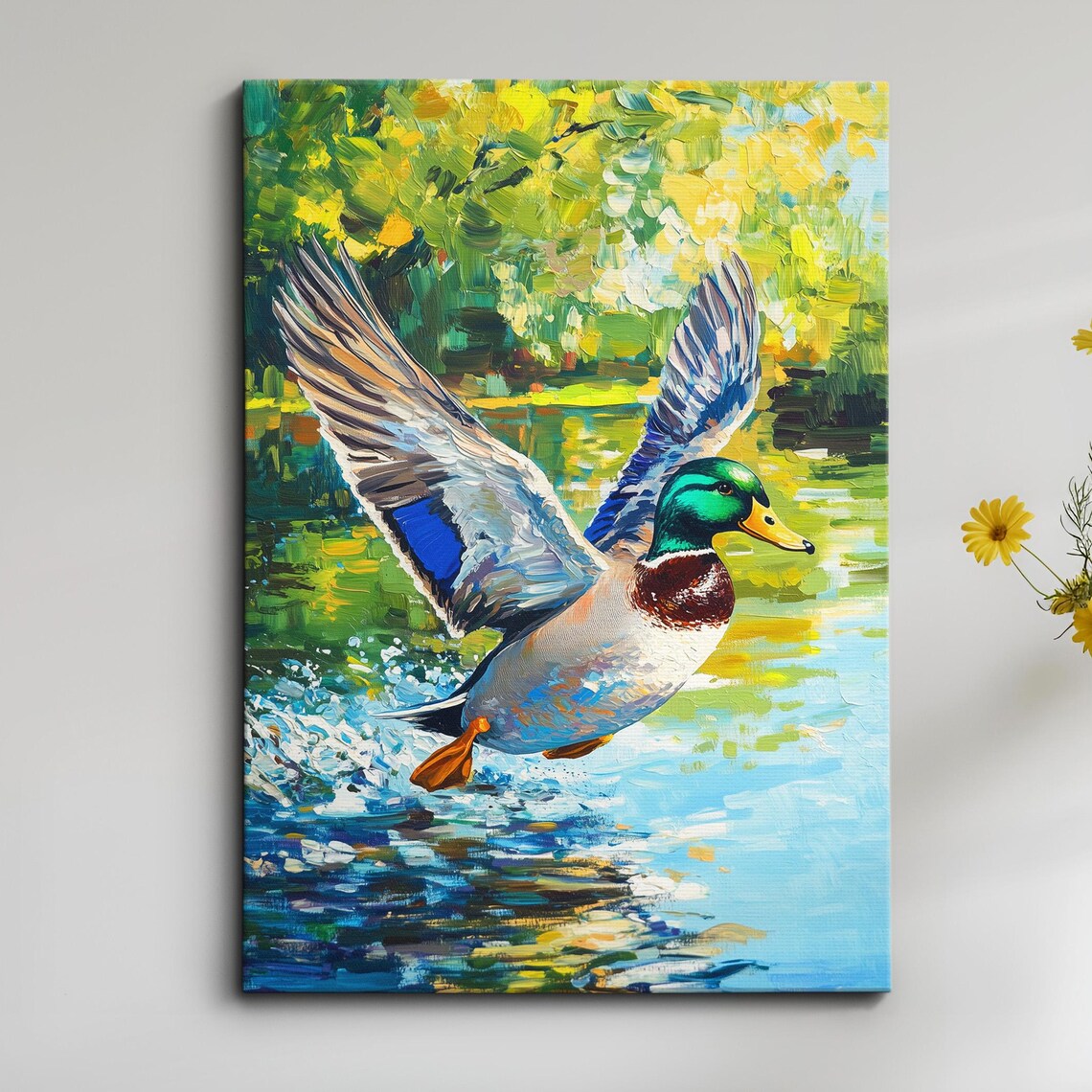 Mallard Duck Landing Water Wings Up Impasto Wildlife Art Poster