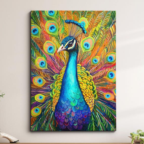 Elegant Peacock Oil Painting Canvas Wall Art Framed Poster Print Animal Abstract Vibrant Feather Bird Home Decor