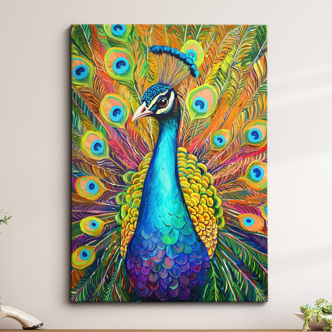 Front Facing Peacock with Colorful Fan Tail Oil Painting Wall Art