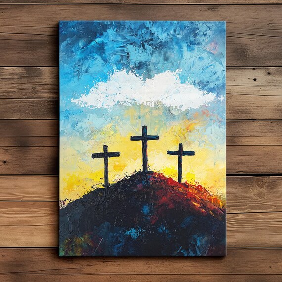 Three Crosses Wood Backdrop Orange Sunset Religious Canvas Poster