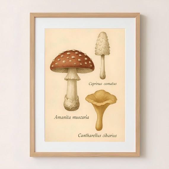 Vintage Amanita Mushroom Trio Botanical Illustration Chart Poster