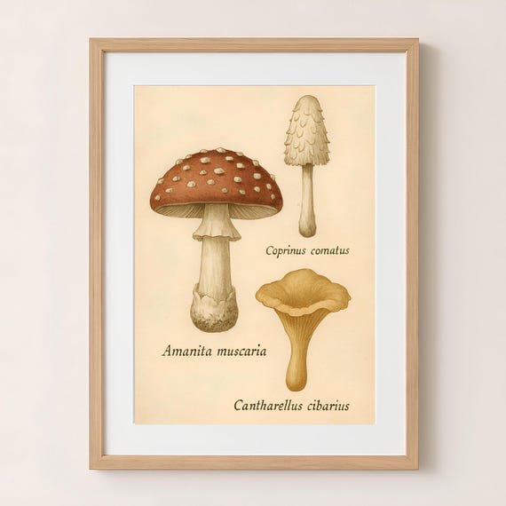 Vintage Mushroom Wall Art Amanita Muscaria Wild Fungi Print Botanical Mycology Poster Png