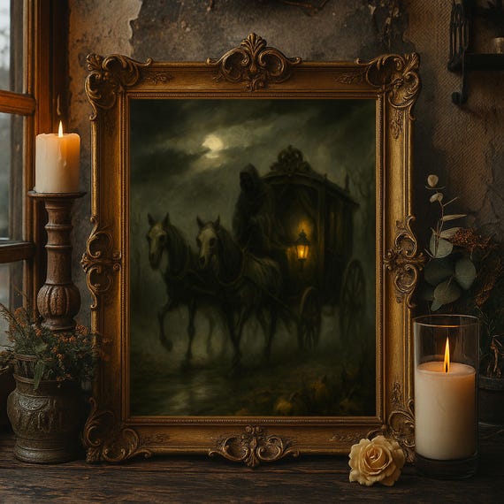 Haunted Carriage Wall Art Gothic Horse And Hooded Rider Oil Painting Spooky Halloween Artwork