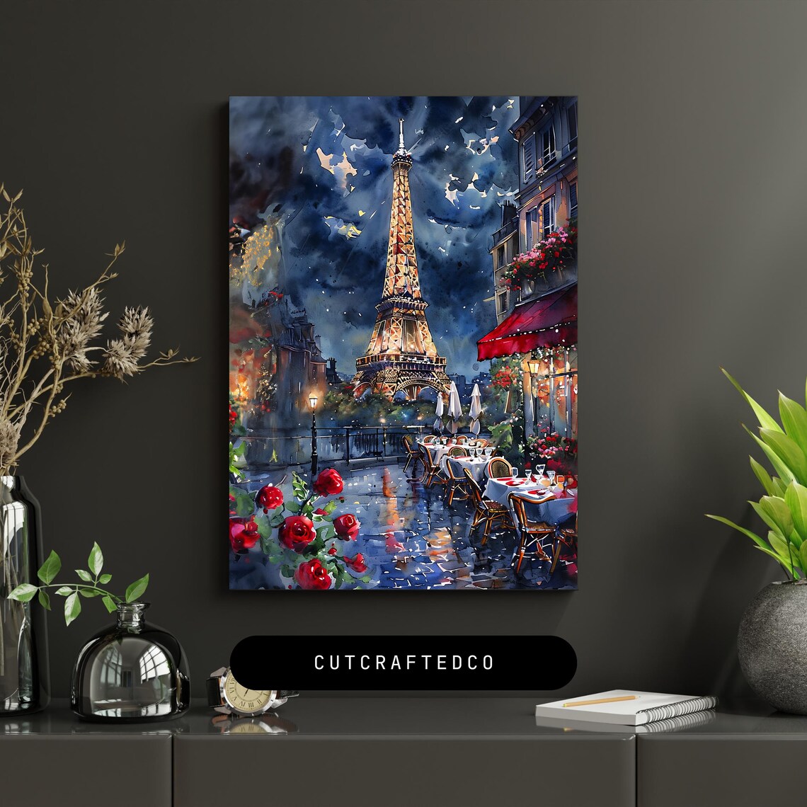Eiffel Tower Paris Night Watercolor Cafe Terrace Roses Poster