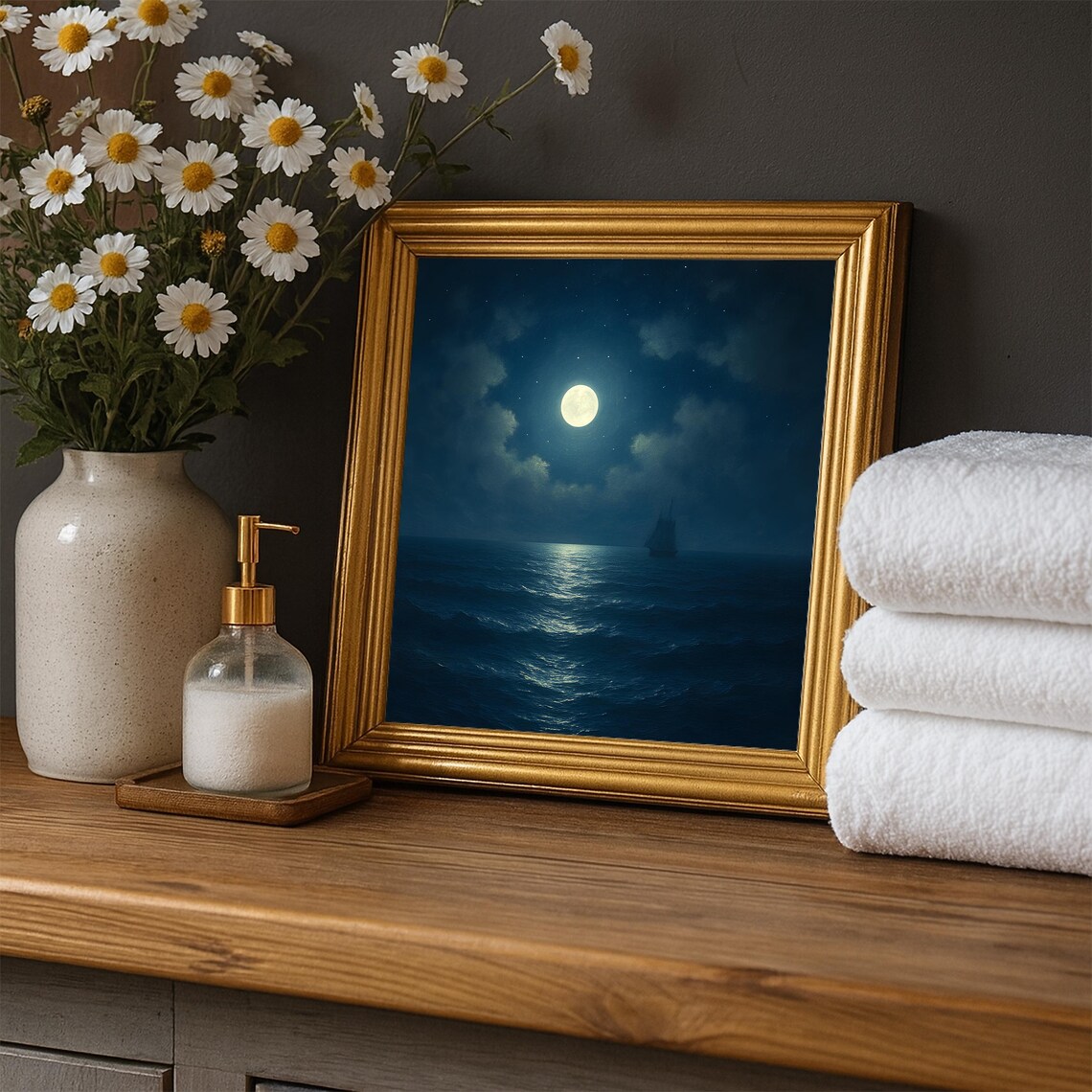 Moonlit Ocean Night Painting Full Moon Over Sea Vintage Art Poster
