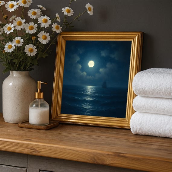 Full Moon Over Ocean Oil Painting Nautical Seascape Wall Art Png Calm Night Sea Print For Coastal Home Office Decor
