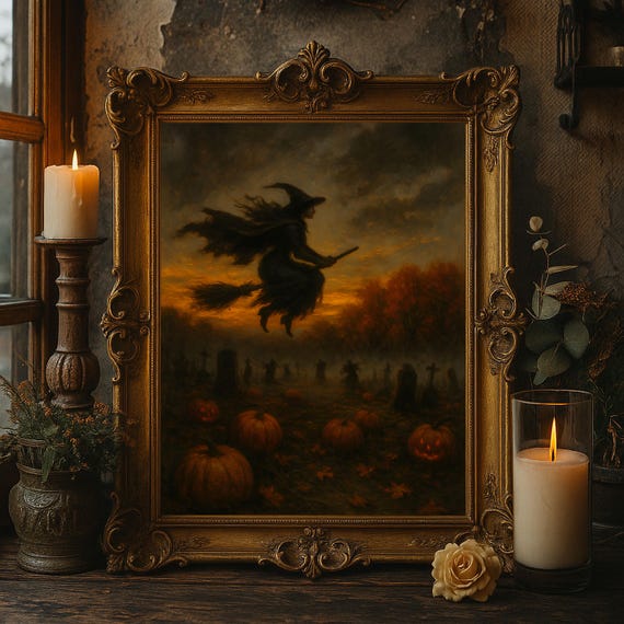 Halloween Wall Art Flying Witch Spooky Pumpkin Graveyard Oil Painting Vintage Artwork