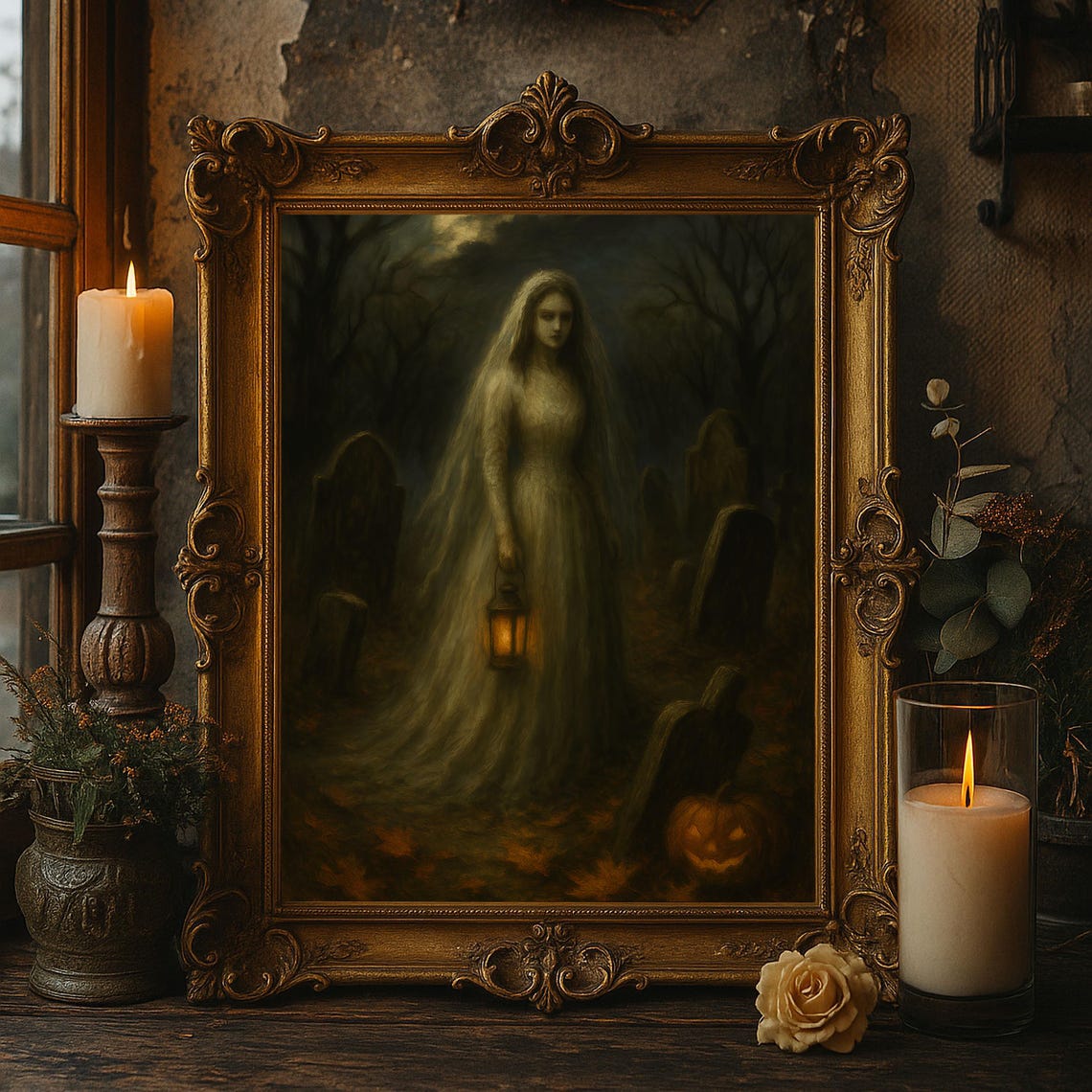 Bride Wall Art Gothic Halloween Decor Haunted Graveyard Oil Painting Spooky Artwork Dark Print