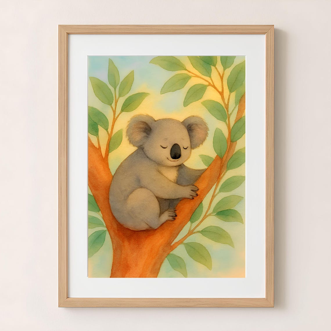 Sleepy Koala Hugging Eucalyptus Branch Watercolor Nursery Print