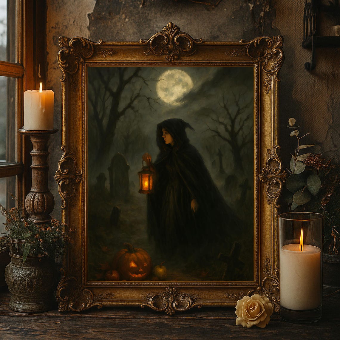Hooded Witch Holding Lantern Moonlit Graveyard Halloween Night Poster