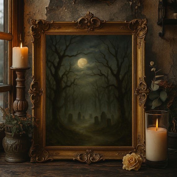 Haunted Graveyard Wall Art Gothic Halloween Oil Painting Creepy Cemetery Moonlight Decor Dark Spooky