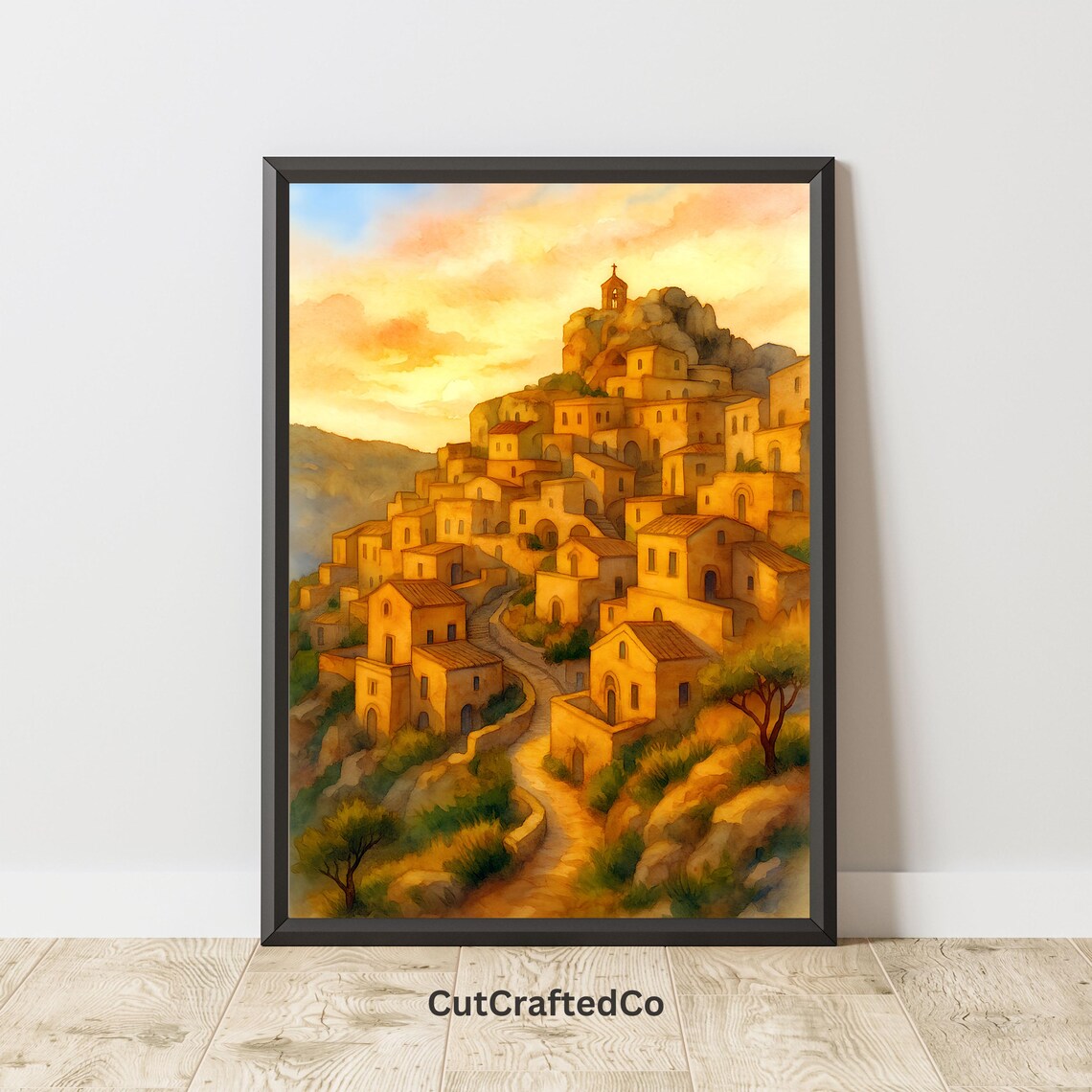 Golden Mediterranean Hilltop Village Sunset Warm Watercolor Art Poster