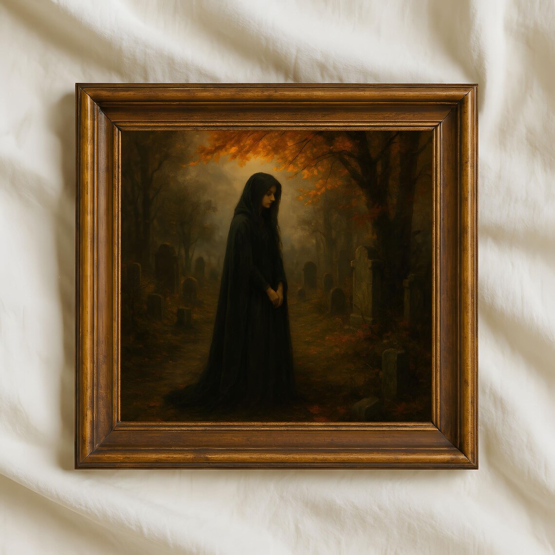 Dark Autumn Cemetery Woman In Black Cloak Gothic Oil Painting Poster