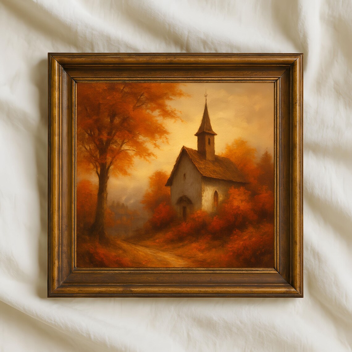 Autumn Chapel Among Orange Foliage Rustic Church Fall Landscape Poster