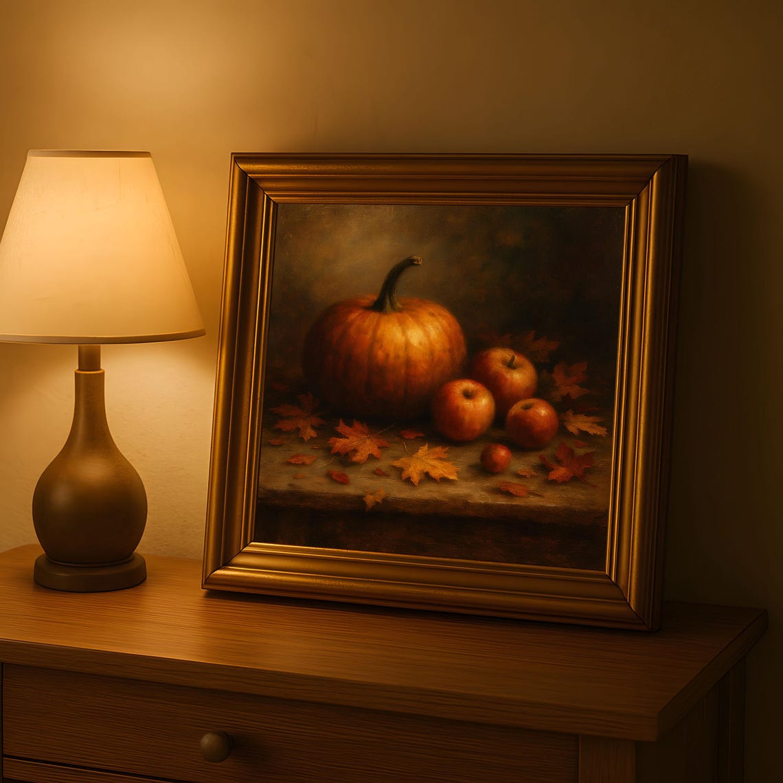 Pumpkin And Apples Autumn Still Life Maple Leaves Vintage Art Poster