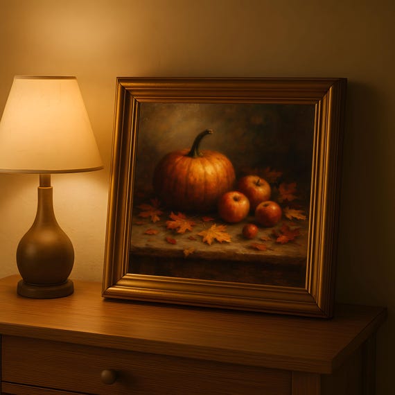 Pumpkin And Apples Oil Painting Autumn Still Life Wall Art 11 Square Rustic Farmhouse Print For Fall Home Decor