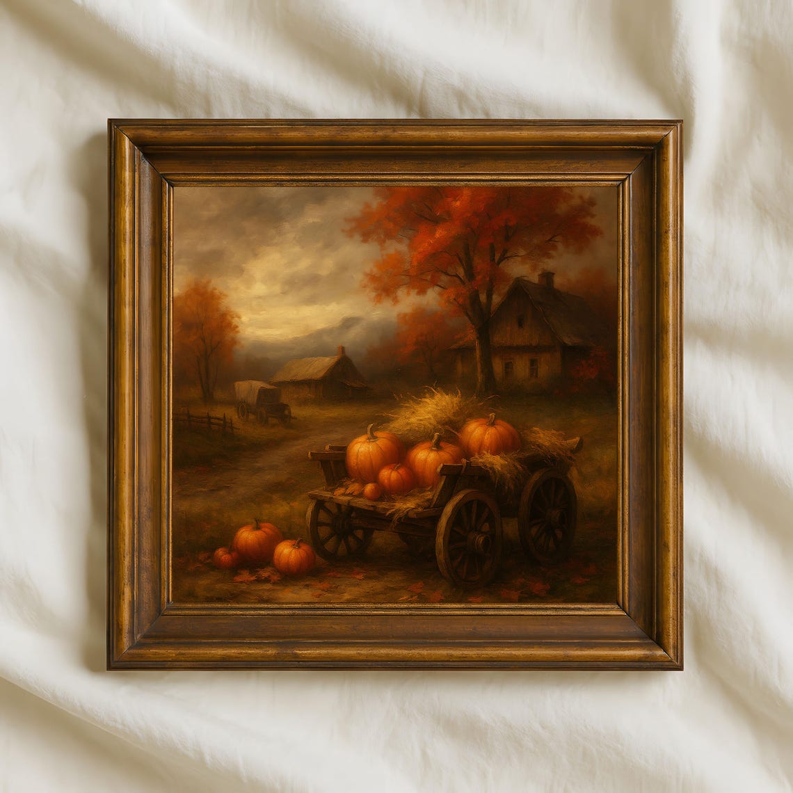 Pumpkin Cart on Country Road Autumn Farm Harvest Rustic Art Poster