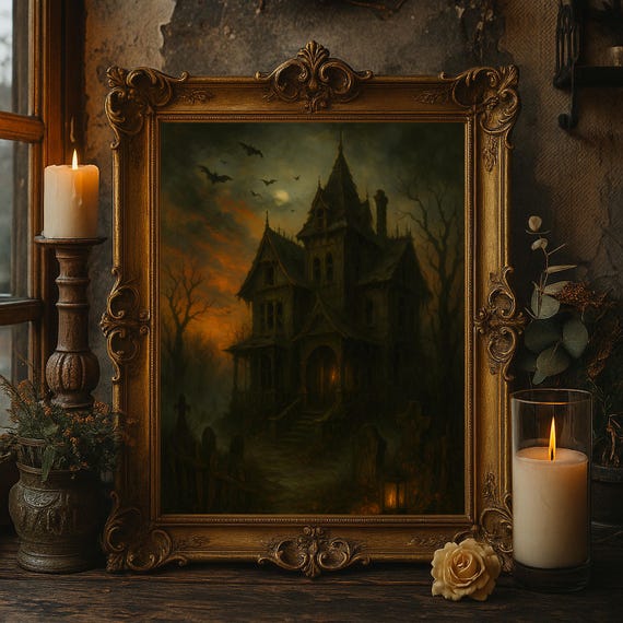 Haunted House Wall Art Gothic Mansion With Bats Oil Painting Spooky Halloween Artwork