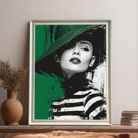 Black And Green Hat Woman Modern Portrait Wood Framed Art Print