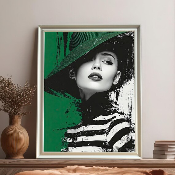 Emerald Hat Woman Black and White Pop Art Style Portrait Poster