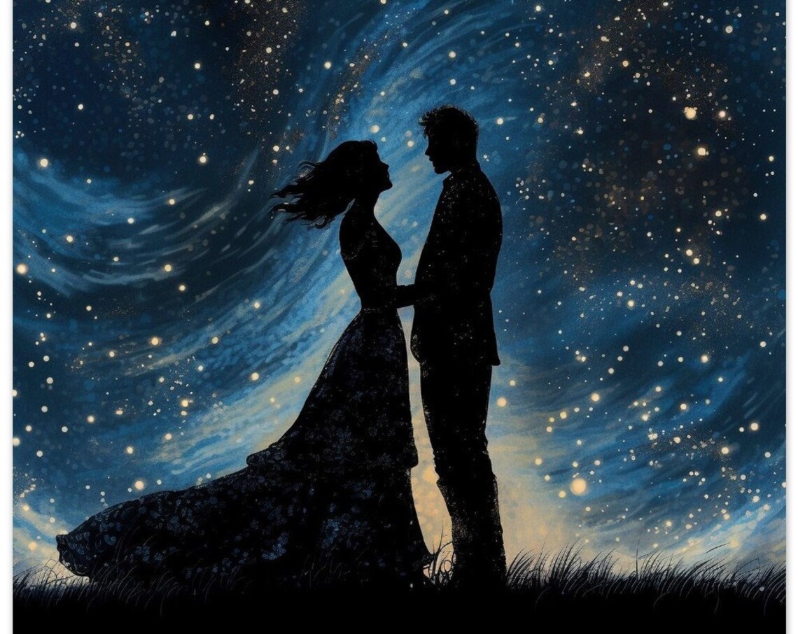 Romantic Couple Silhouette Starry Sky Love Blue Night Bedroom Poster