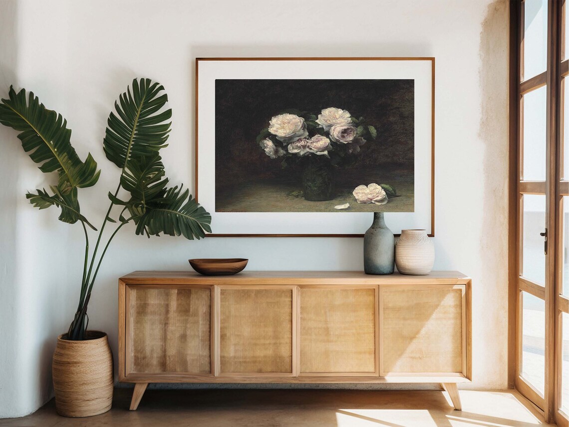 Moody Dark Roses Still Life White Pink Vintage Floral Painting Poster - Image 3