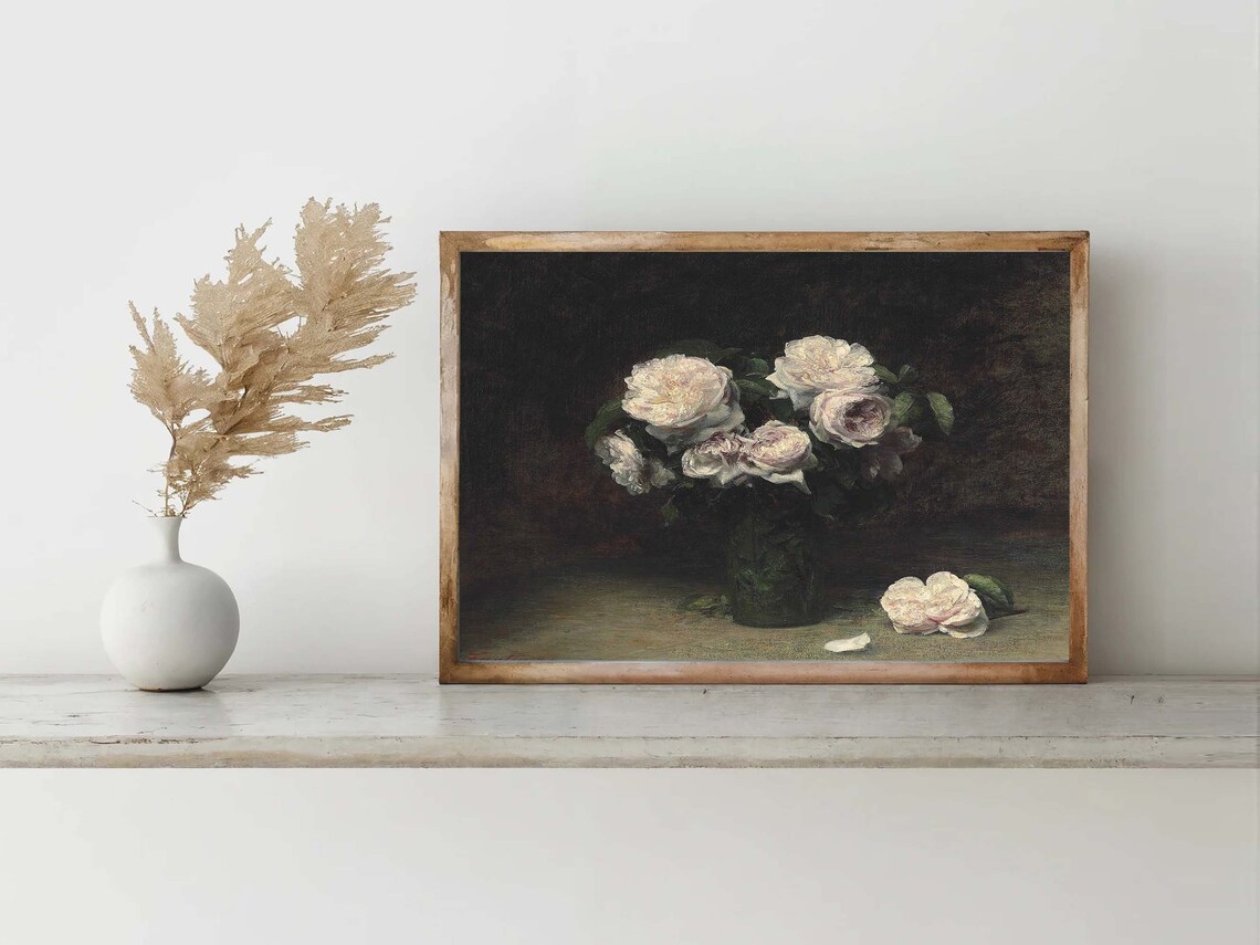 Moody Dark Roses Still Life White Pink Vintage Floral Painting Poster - Image 4