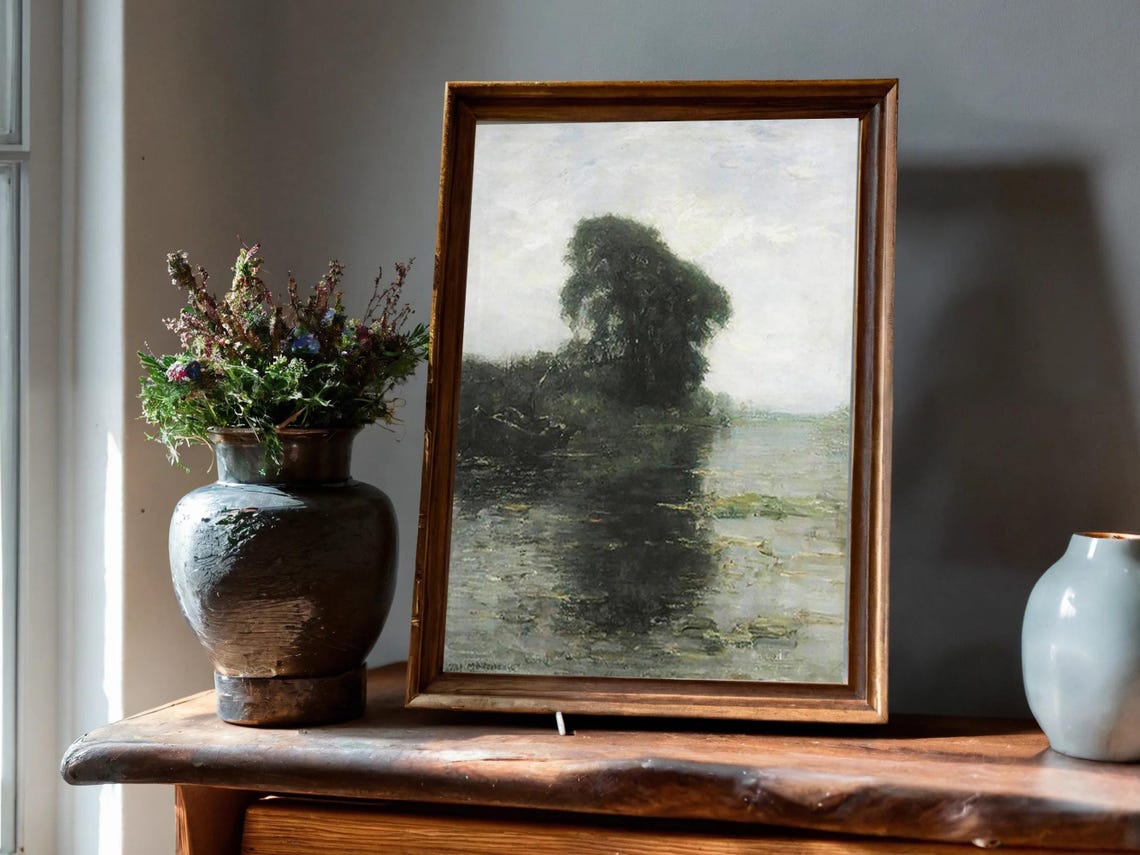 Vintage River Landscape Painting Muted Green Landscape Painting River Painting Green Foliage Vintage River Oil Painting Wall Art - Image 7