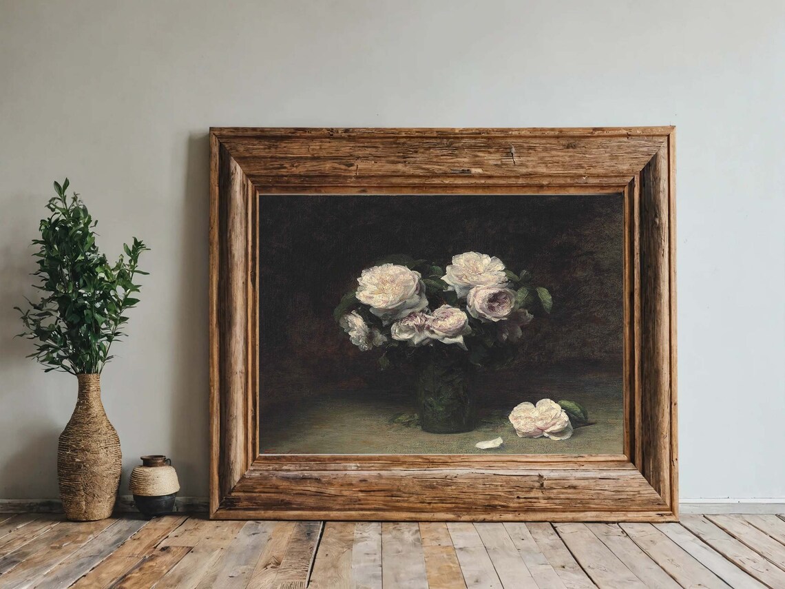 Moody Dark Roses Still Life White Pink Vintage Floral Painting Poster - Image 7