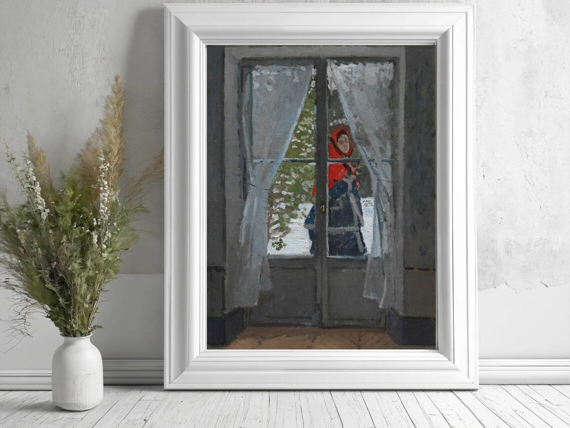 Claude Monet The Red Kerchief Woman at Window Snowy Impressionist Poster
