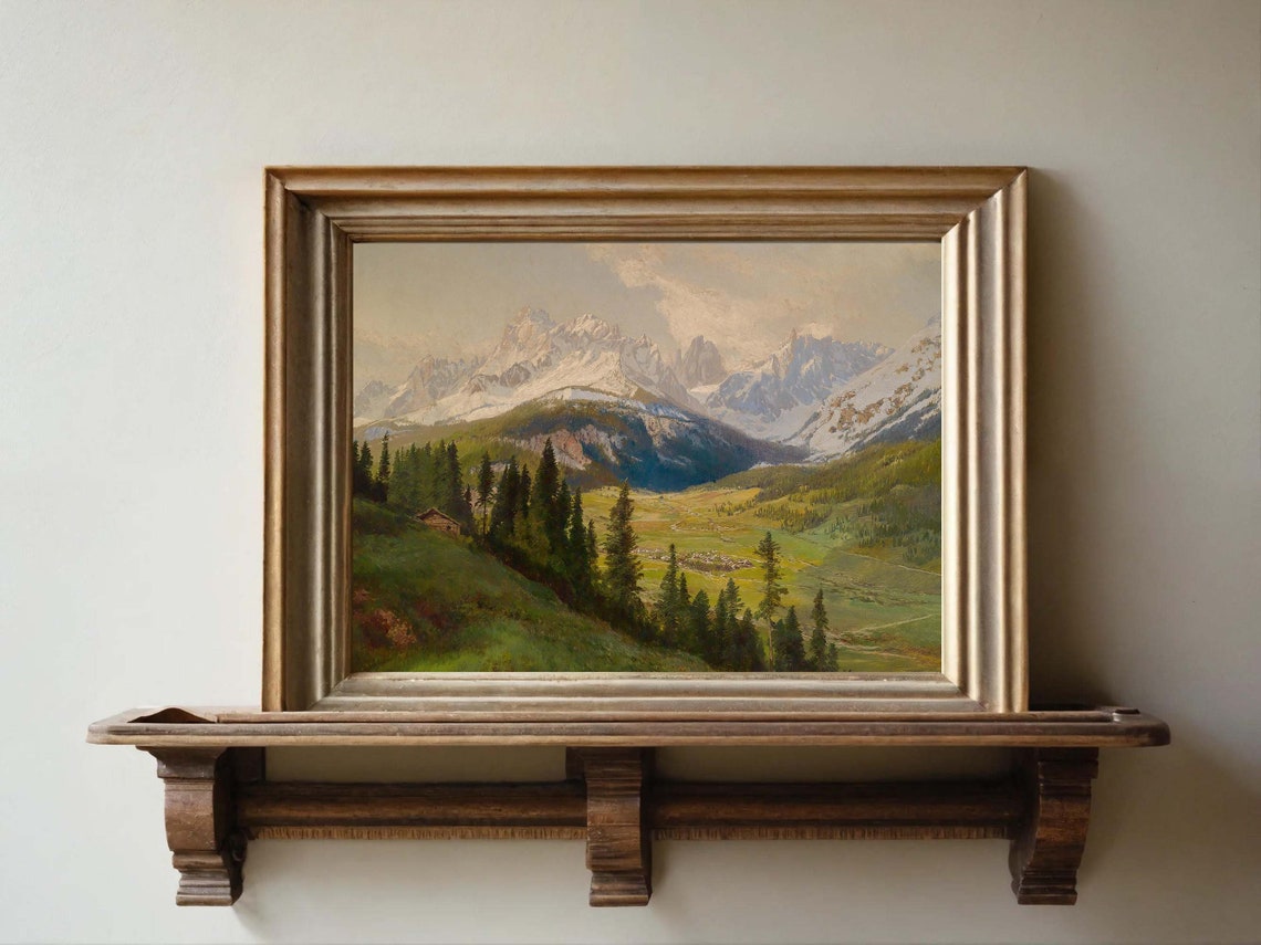 Snowy Alpine Mountain Landscape Vintage Rustic Valley Poster - Image 3