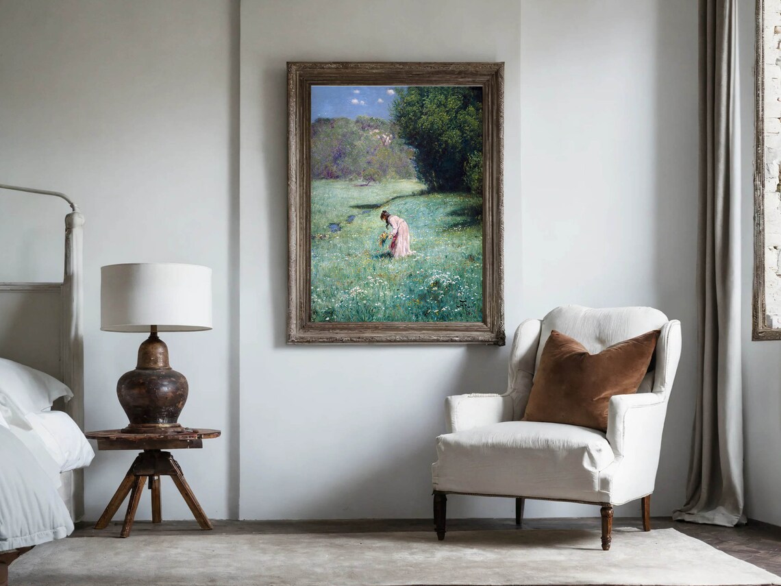 Woman Picking Wildflowers in Meadow Vintage Floral Classic Print - Image 3