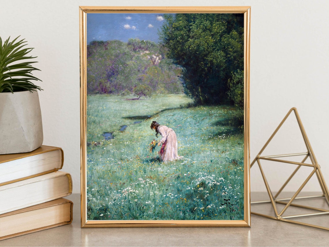 Woman Picking Wildflowers in Meadow Vintage Floral Classic Print - Image 2