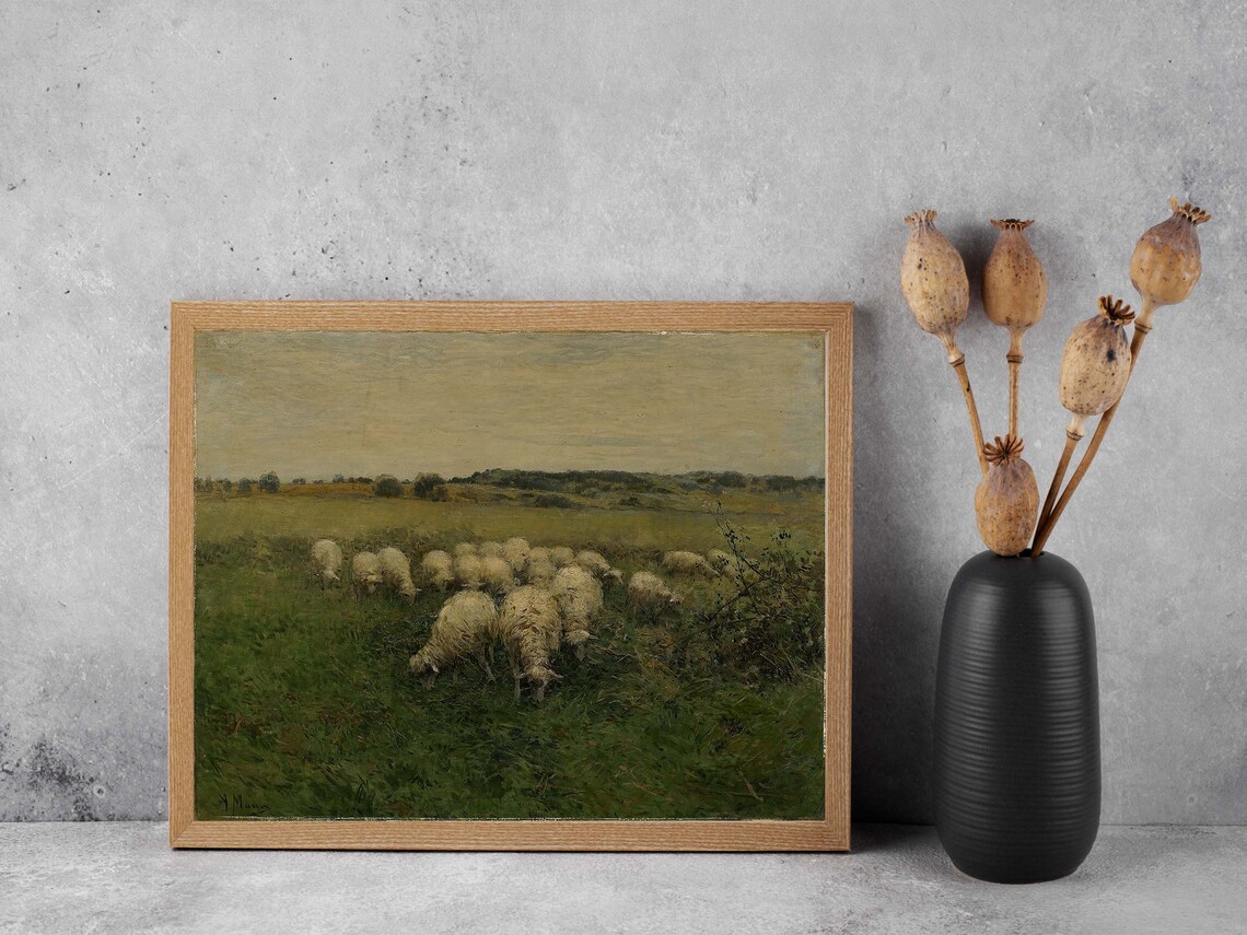 Sheep Flock Grazing Meadow Vintage Countryside Animal Painting Poster - Image 4