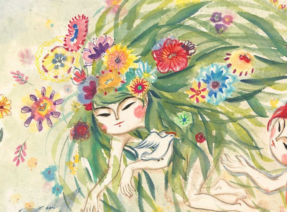 Four Girls As Four Seasons Floral Ink Wash Art Nature Poster - Image 3