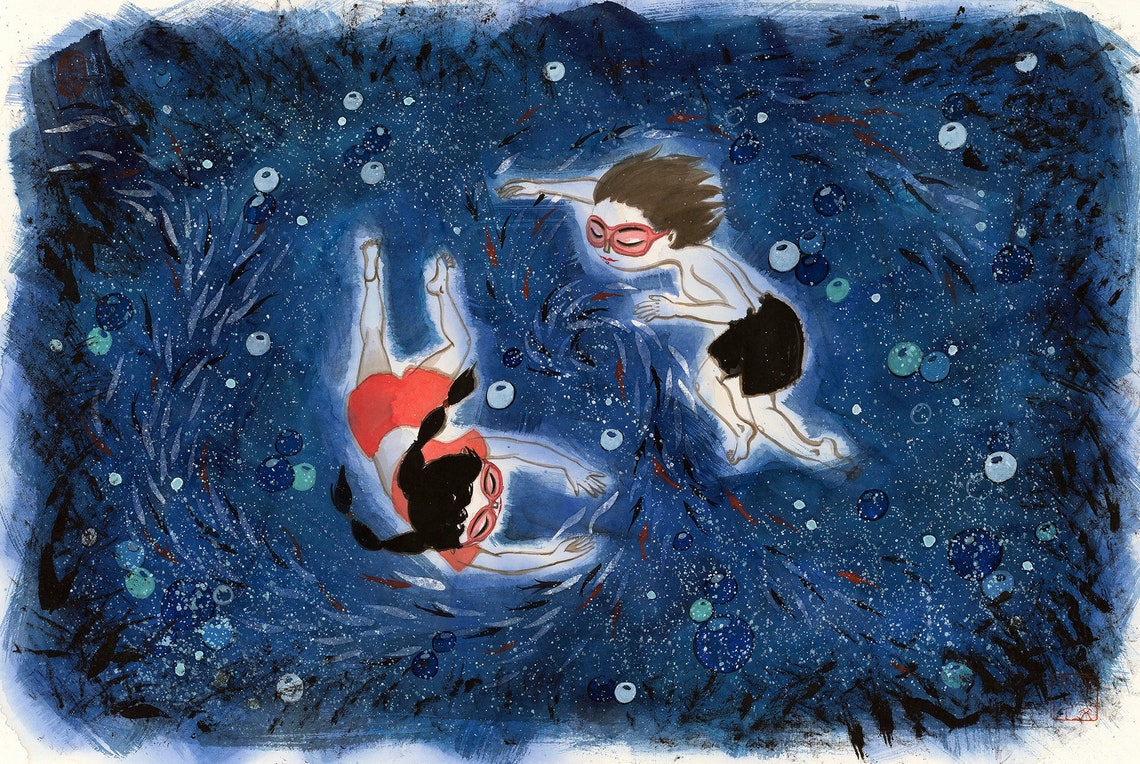 Ocean Art Print Swimming Kids Print Painting Happyness Painting Print Chinese Painting Print Home Wall Decor Kids Room Art Wall Art