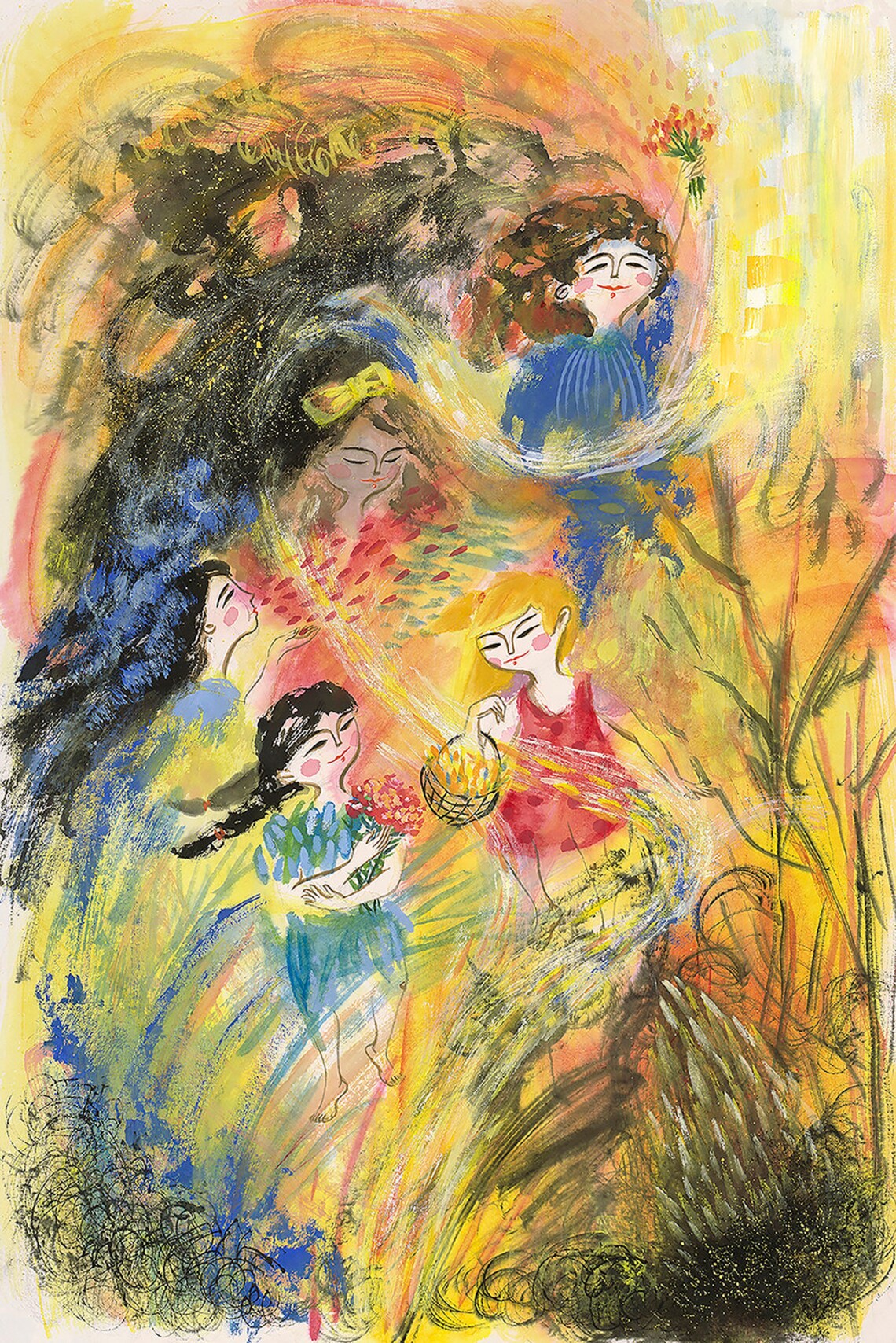 Four Girls Gathering Flowers Joyful Watercolor Art Room Poster