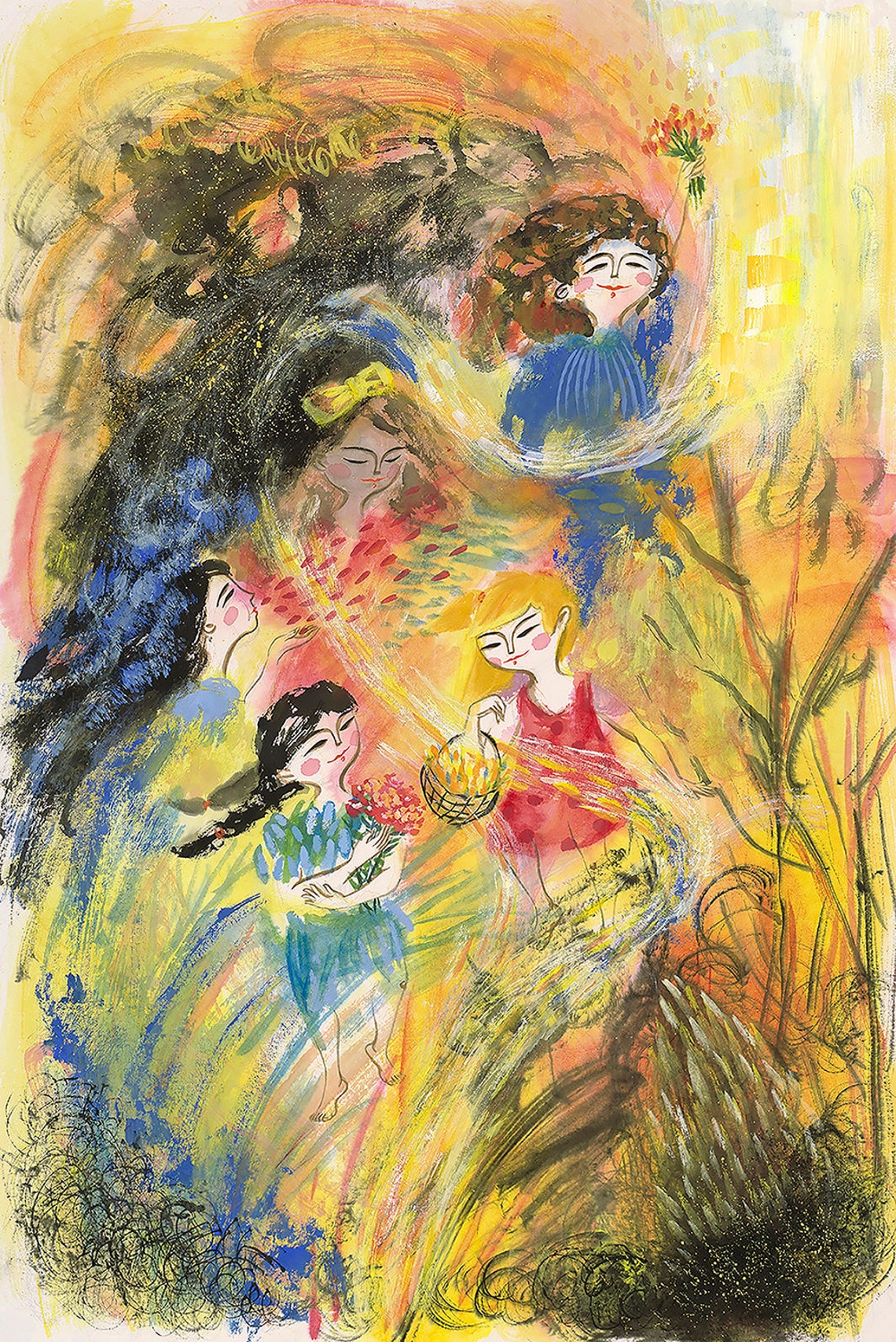 Happy Flowers Girls Art Print Happy Girls Print Painting Painting Print Chinese Painting Print Home Wall Decor Kids Room Art Wall Art