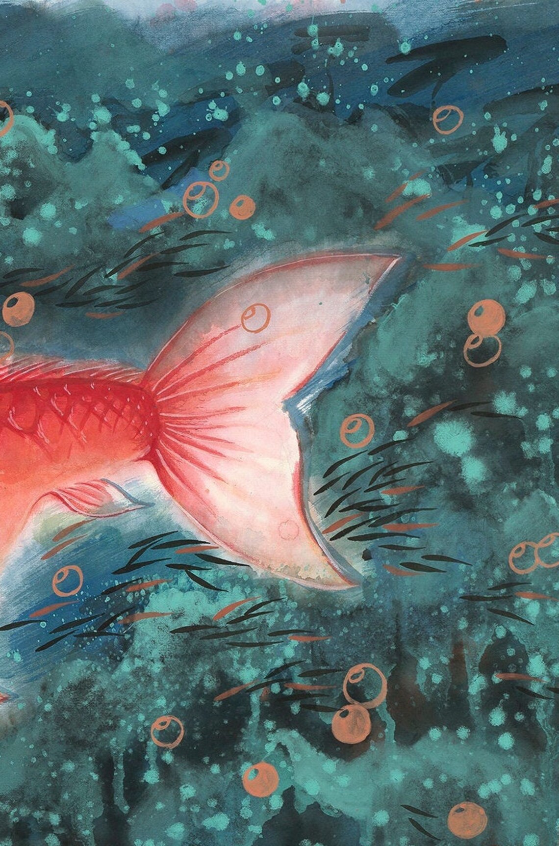 Child Riding Giant Red Koi Underwater Ink Wash Art Nursery Poster - Image 3