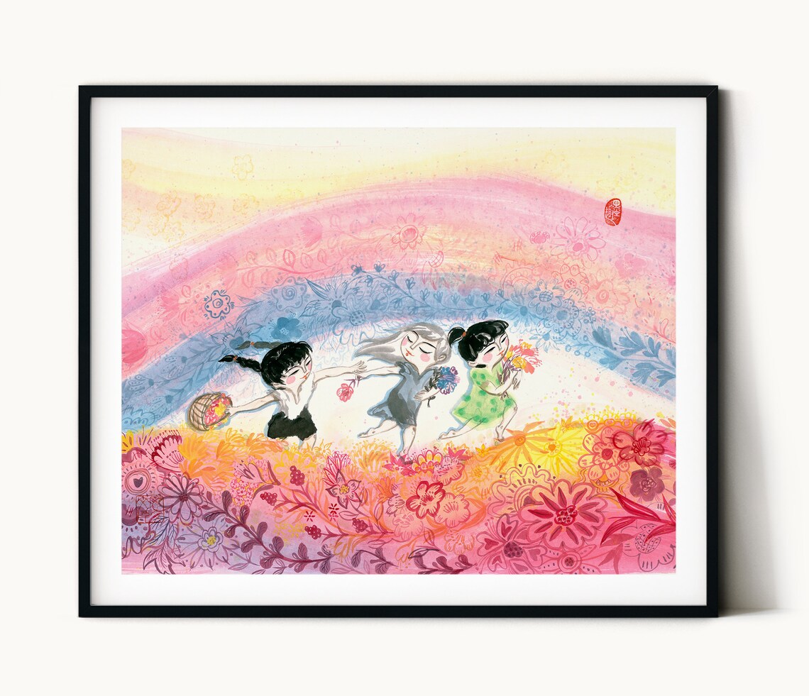 Chinese Ink Painting Flowers and Girls Art Print - Image 3
