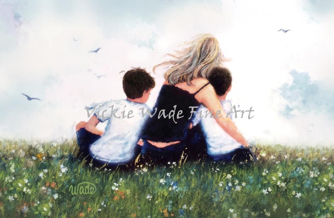 Blonde Mother With Two Sons Resting In Wildflower Meadow Poster