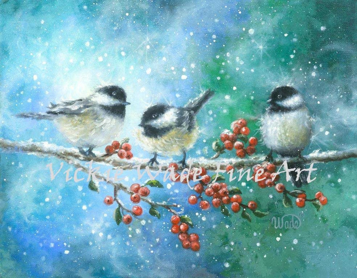 Three Chickadees Perched on a Snowy Branch with Red Berries Poster