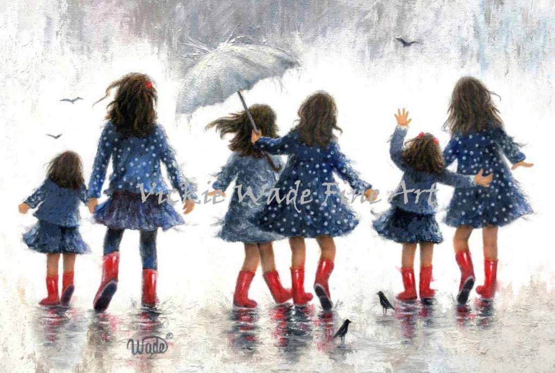 Six Sisters in Red Boots With White Umbrella in the Rain Poster