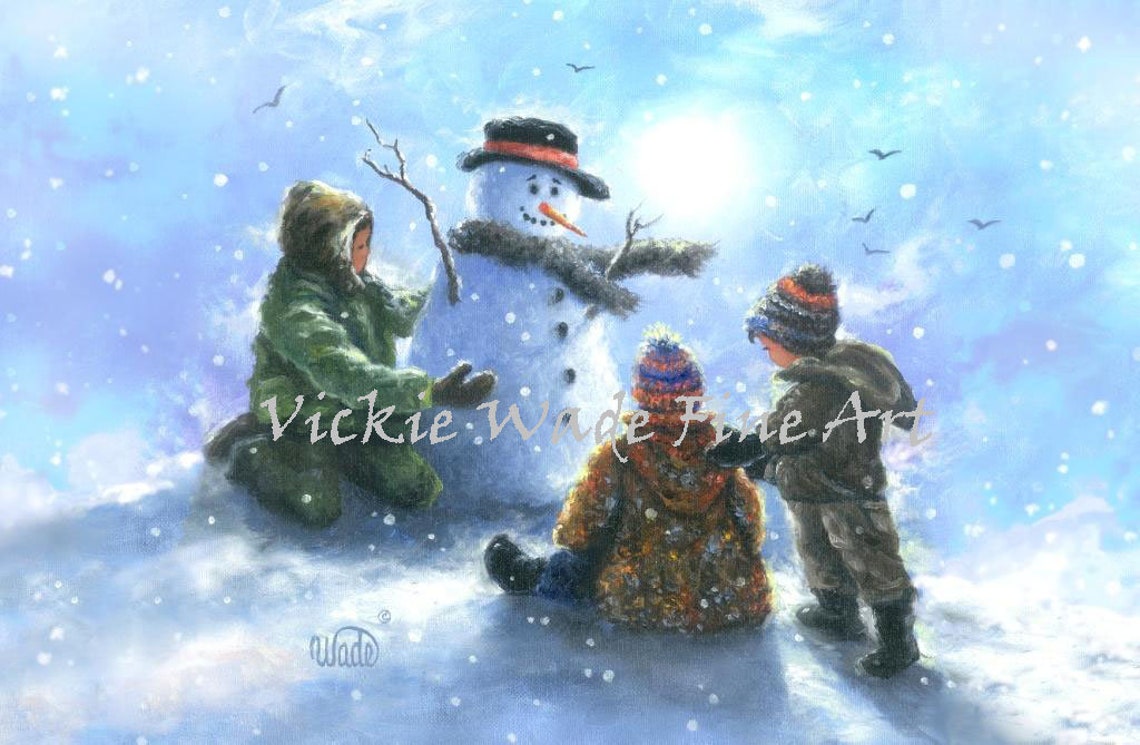 Three Boys Building A Snowman Together In Winter Snowfall Poster